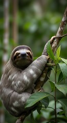 Naklejka premium Three-toed Sloth in the Rainforest - A Gentle Gaze.