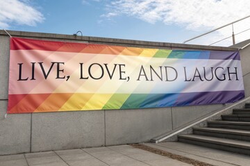 A rainbow banner with the words Live Love and Laugh