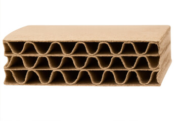 Cross section of brown corrugated cardboard material showing several layers and fluted sheets structure on transparent background