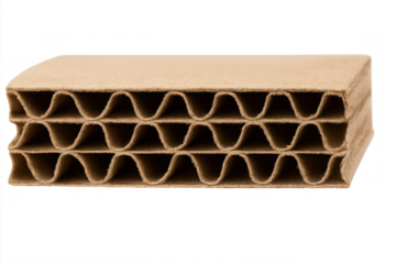 Cross section of brown corrugated cardboard material showing several layers and fluted sheets structure on transparent background