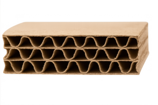 Cross section of brown corrugated cardboard material showing several layers and fluted sheets structure on transparent background