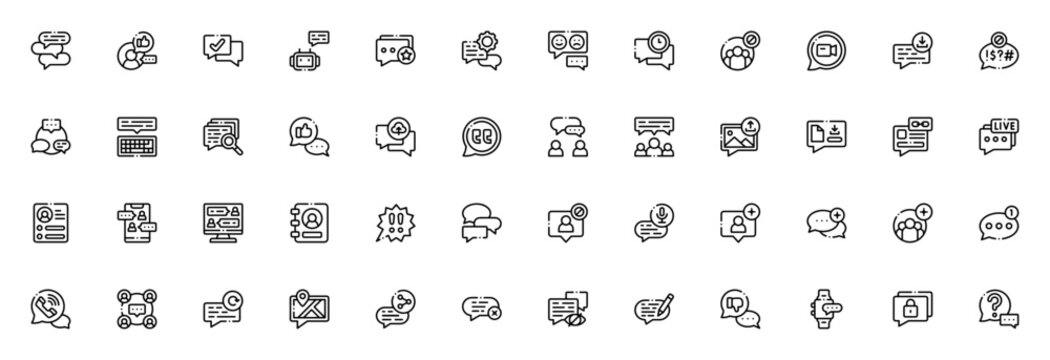 Chat icon set. Modern communication vector icons. Inludes chatting, social meda, chatbot, video chat, emji, settings, notification call, share and more. Ediable stroke.