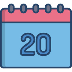 Blue and Pink Calendar Page Displaying the Number Twenty Icon With Dark Blue Outline And Transparent Background Isolated On White