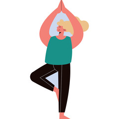 Blonde Woman Performing Yoga Tree Pose with Arms Raised in Teal Top and Black Pants Against a White Background
