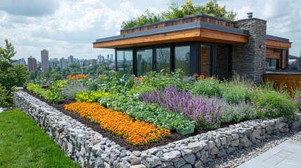 Obraz premium Rooftop garden with vibrant flowers and vegetables, modern home in background.