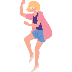 Blonde woman wearing pink open cardigan blue shorts and white flats dancing joyfully with raised arms and white framed glasses on white background