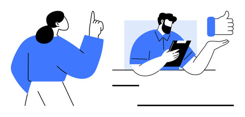 Woman presenting an idea to a man holding a document while he offers a thumbs-up gesture. Ideal for teamwork, communication, leadership, feedback, consultation, business collaboration