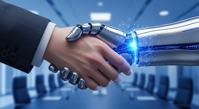 Futuristic handshake: Human and robot hands joining in business partnership, symbolizing technology and collaboration.