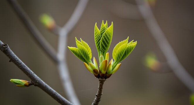 Bright green new leaves unfurling on a tree branch in spring new growth buds