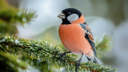 Close-up of bullfinch on a spruce branch