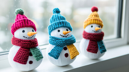 Three cute paper snowmen with colorful hats and scarves placed on a windowsill, close-up. Simple style of a minimalist design decorations for home. Christmas nice gifts. Smiling happy snowman. DIY