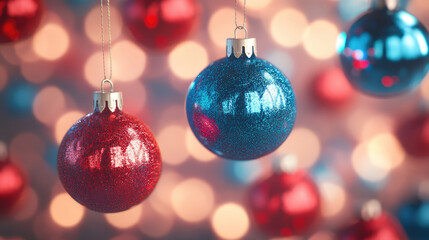 Fototapeta premium festive christmas ornaments in a playful display bright red and blue decorations shine against a bokeh background perfect for holiday spirit and celebration