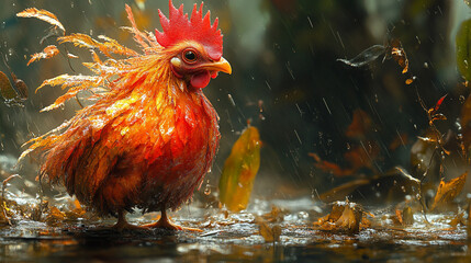 Colorful rooster in a rainy jungle