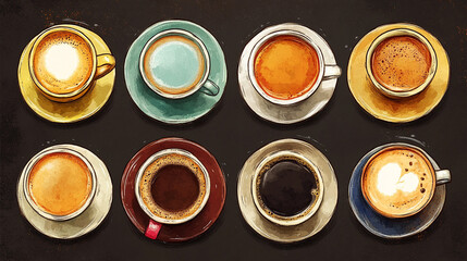Colorful coffee cups arranged on dark background