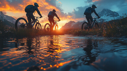 Mountain bikers crossing stream at sunset