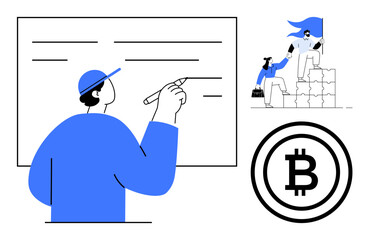 Person writing on whiteboard, team climbing blocks with flag symbolizing leadership, circular Bitcoin motif below. Ideal for business, teamwork, creativity, leadership, finance, planning
