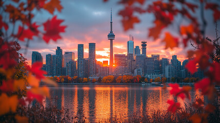 Autumn Sunrise over Toronto Skyline through Maple Leaves