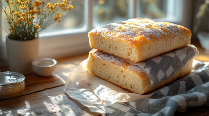 Freshly baked bread stack, sunlight windowsill, flowers, kitchen