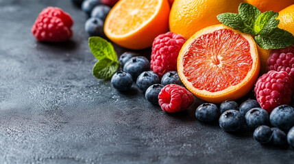 Fresh fruits and berries on dark background