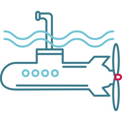 Blue and Teal Line Art Submarine Underwater with Waves and Propeller Detailed and Minimalist Iconography for Marine Exploration and Transport