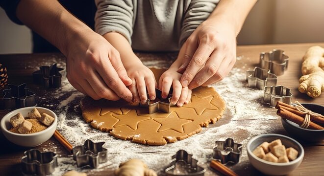 Close-up of parents and child hands cutting star and gingerbread man Christmas cookies from dough on a wooden table with baking ingredients