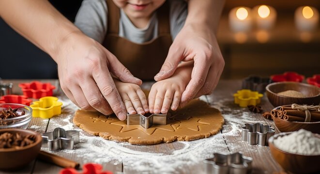 Close-up of parents and child hands cutting star and gingerbread man Christmas cookies from dough on a wooden table with baking ingredients - Powered by Adobe