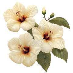 Three creamy white tropical blossoms feature prominently against a stark white background