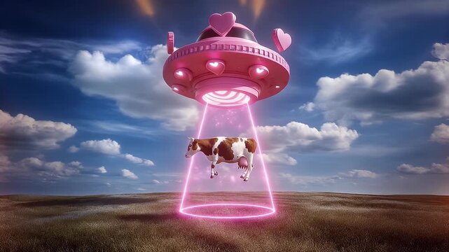 Pink heart‑themed UFO levitates a cow over a rural field at golden hour, glowing neon beam, blue sky with cumulus clouds, playful sci‑fi pastoral scene, surreal farm abduction vibe
