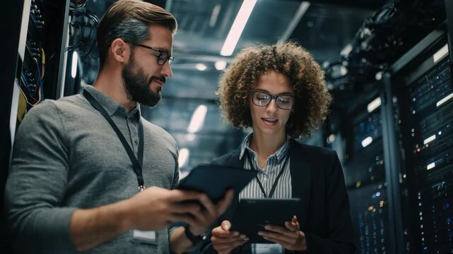 Tech specialists reviewing data security protocols during private cloud migration focusing on enhanced control and compliance with corporate policies.