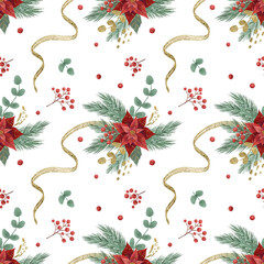 Seamless pattern with a red poinsettia Christmas flower, fir branches, vegetation, berries, gold elements. Handmade watercolor and pastel illustrations in a flat style. Festive design element
