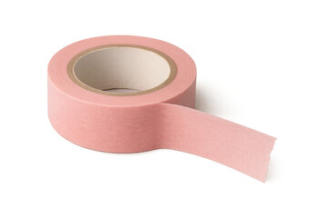 Pink washi tape roll with adhesive strip unrolling, crafting stationery for creativity and decoration, transparent background