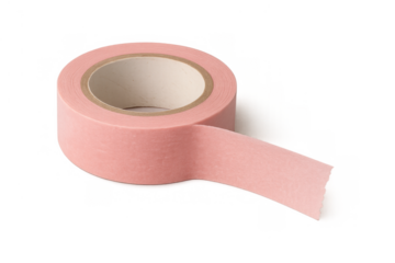 Pink washi tape roll with adhesive strip unrolling, crafting stationery for creativity and decoration, transparent background