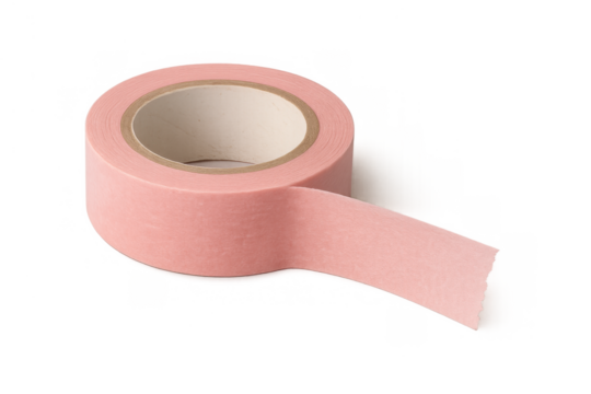 Pink washi tape roll with adhesive strip unrolling, crafting stationery for creativity and decoration, transparent background