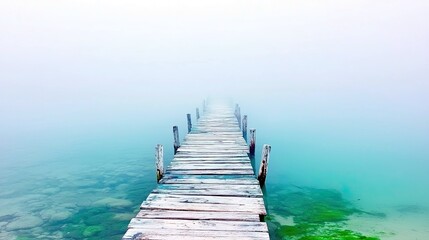 A weathered wooden pier extends into a dense, ethereal fog over tranquil, shallow turquoise water, revealing the seabed beneath.