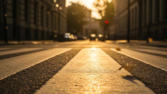 Autumn scene falling leaves on a crosswalk with blurred background