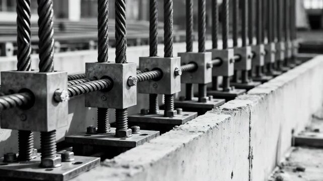 Sideangle medium shot focusing on the precise alignment of steel tendons before applying tension in a concrete posttensioning system.
