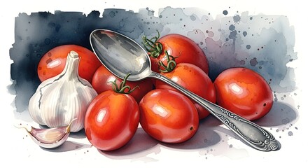 Watercolor painting showcases fresh red tomatoes, garlic, and a vintage silver spoon, isolated.