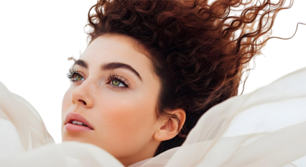 Close-up of a woman's face with curly hair draped over her head, her hair flying in the wind.