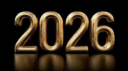 Shiny gold 3d numbers representing the year 2026 on a black background