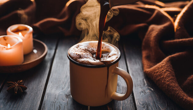 Hot chocolate being poured into a ceramic mug, topped with whipped cream and cocoa powder.