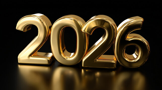Shiny golden 2026 numbers floating on a dark reflective surface