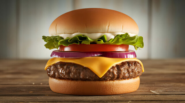 Classic cheeseburger with melted cheese, beef patty, lettuce, tomato, onion, fast food on rustic wooden table, blurred background.