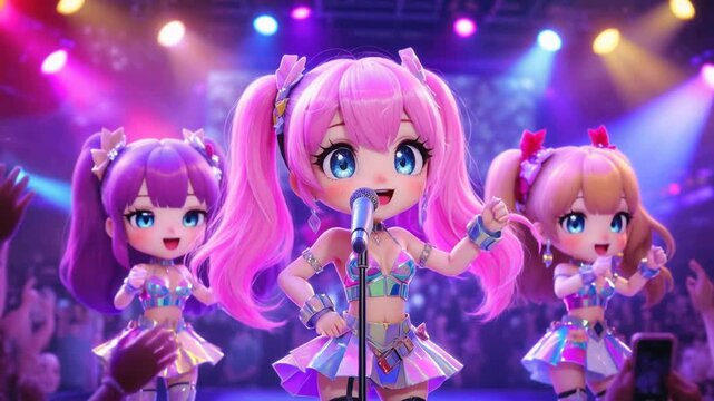 Adorable chibi anime idols rock the stage in shiny holographic outfits, pink-haired lead singer belts into the mic under dazzling neon lights with a hyped crowd, pure energy