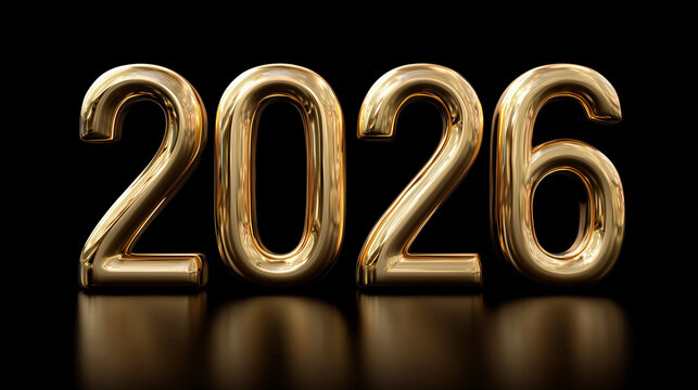 Shiny gold 3d numbers representing the year 2026 on a black background