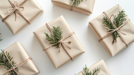Festive holiday gifts wrapped in rustic kraft paper,adorned with twine and pin sprigs, create a cozy Chrstmas atmosphere on white ackground.