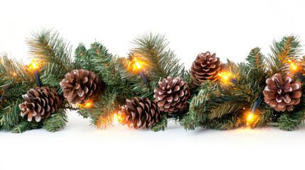 A festive christmas garland with pine cones and glowing lights creates a warm and inviting holiday decoration for the winter season isolated on background