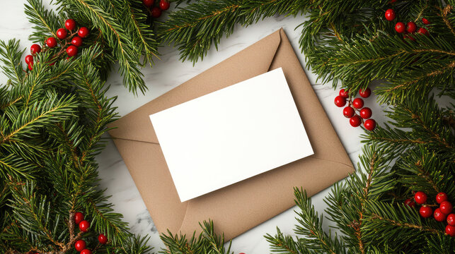 An elegant composition for a Christmas card with a white card on a brown envelope surrounded by green fir branches and bright red berries. - Powered by Adobe
