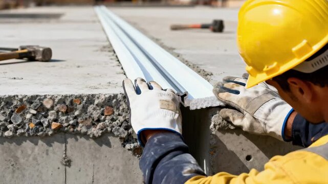 Skilled laborer carefully positioning preformed foam strip expansion joint between concrete sections for seamless installation