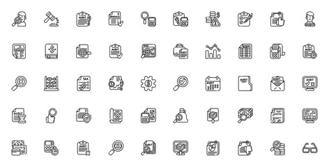 Audit icon set. Business vector icons pack. Includessymbols for insurance, law tax, report, money, calcuator, contract, finances ad more. Editable stroke.