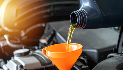 Pouring Fresh Motor Oil into an Engine During a Car Maintenance Service